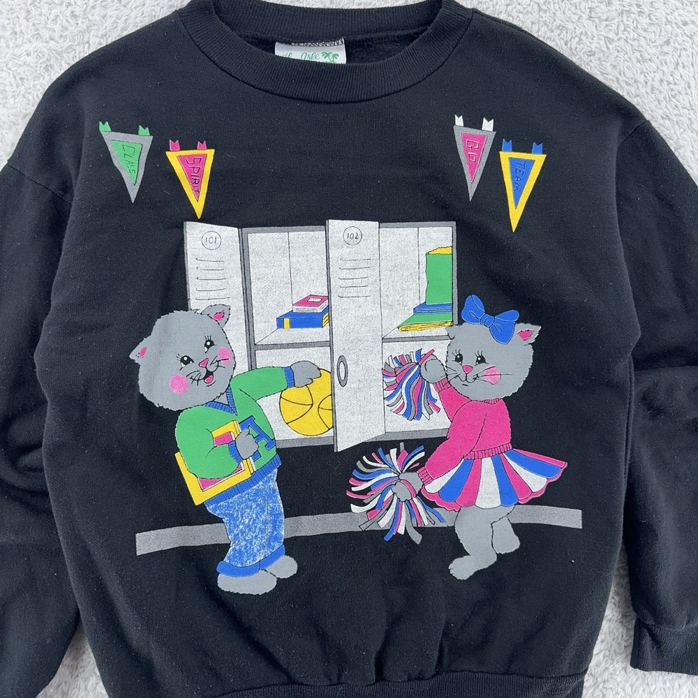 Vintage 90s Cheerleader Cat Cartoon‎ Crewneck Sweatshirt XXS Basketball Kitten